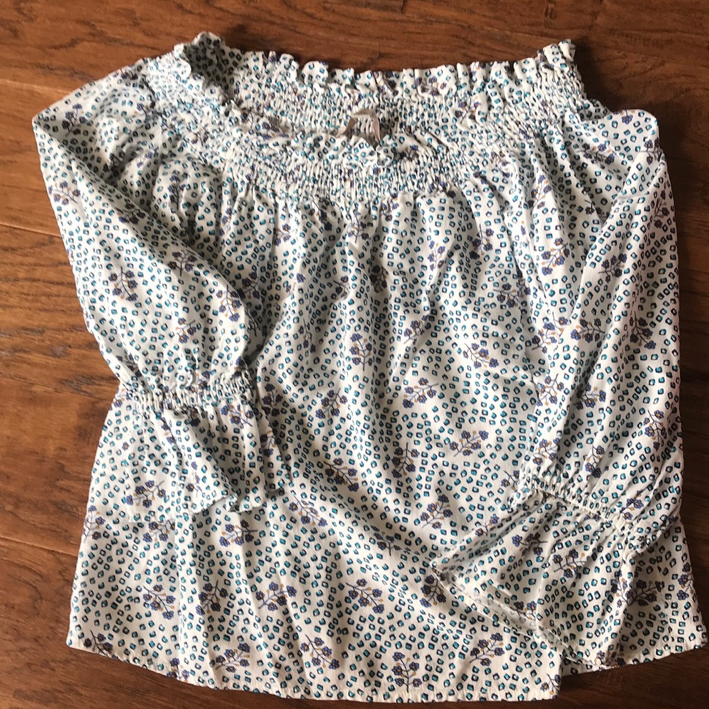 Blue and yellow off the shoulder blouse